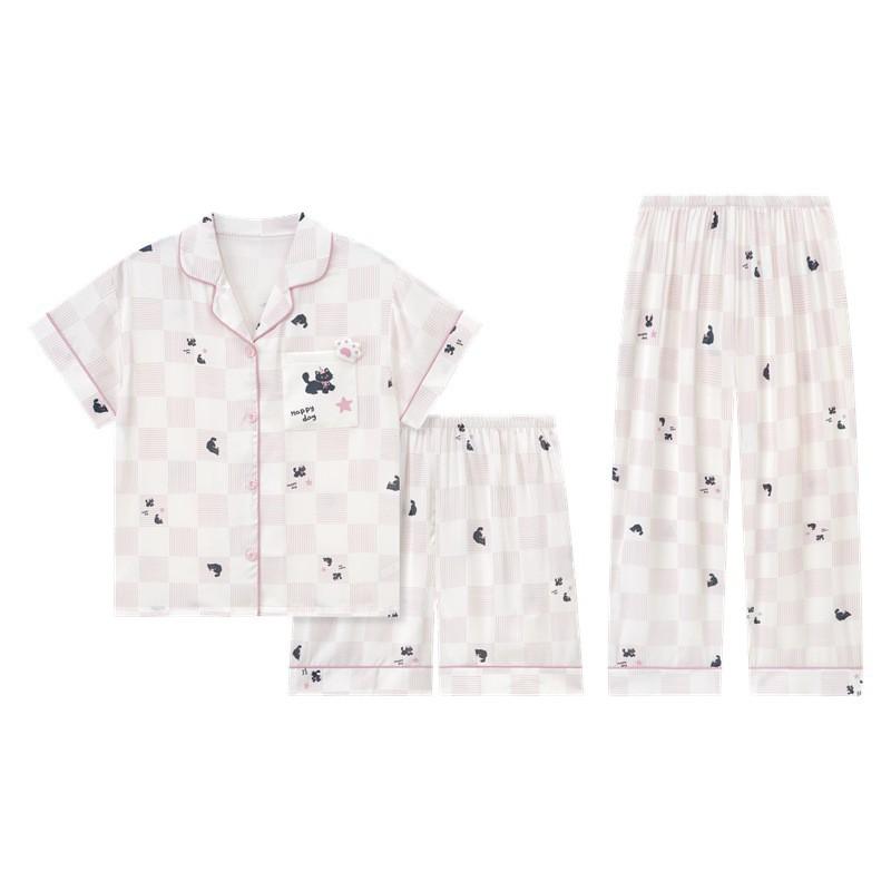 Girls Ice Silk Pajama Set 3pcs Short Sleeve Cartoon Sleepwear Kids 8 Years Lightweight Home Wear