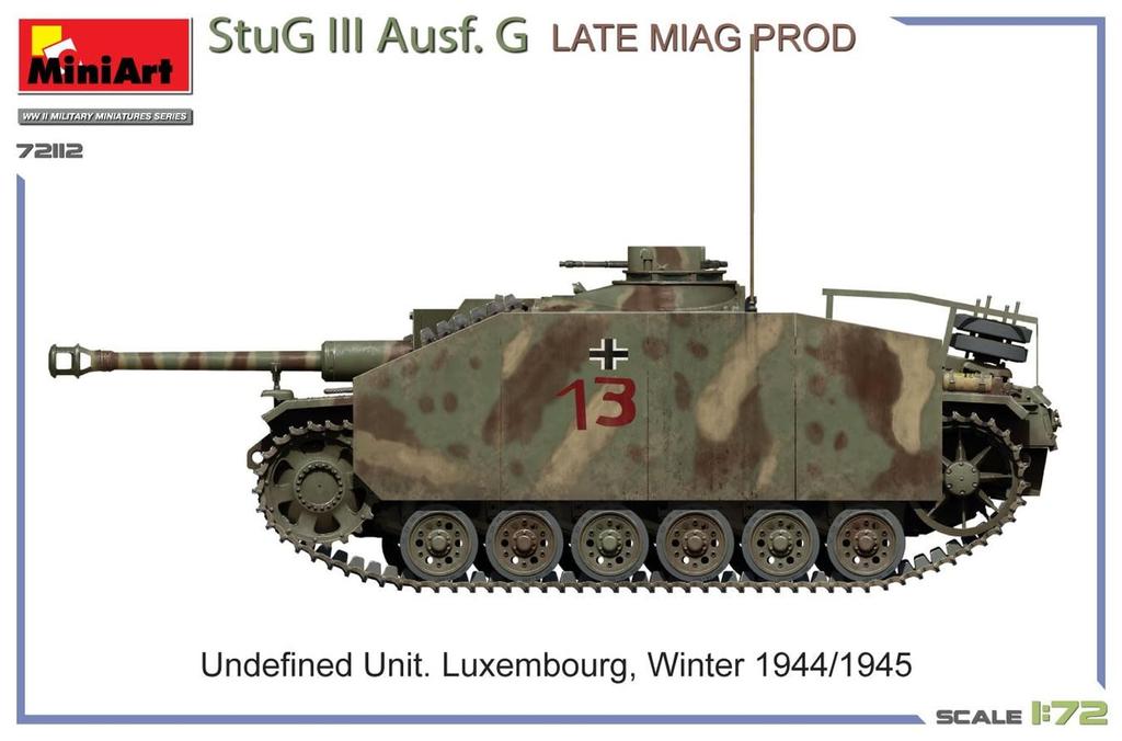 MiniArt Scale Stug III G Late Miag Plastic Model Kit MA72112 1/72 Ausf. Model, (Tank)
