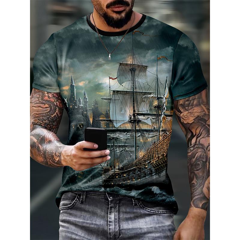 Sailing Ship Pattern T-Shirt For Men Sailboat 3D Printed Tees Summer Casual Harajuku Short Sleeve O-Neck Tops Oversized T Shirts