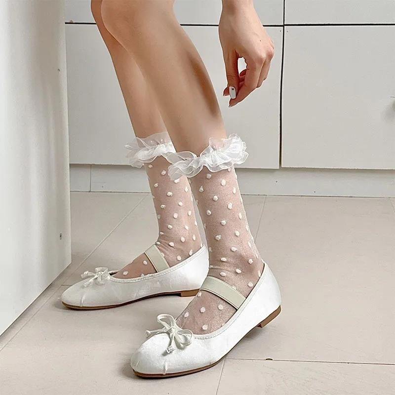 Носки из шёлка с кристаллами и принтом в виде сердца, милые носки для девочек в стиле кавайи с оборками, женские летние ультратонкие прозрачные эластичные длинные носки в горошек