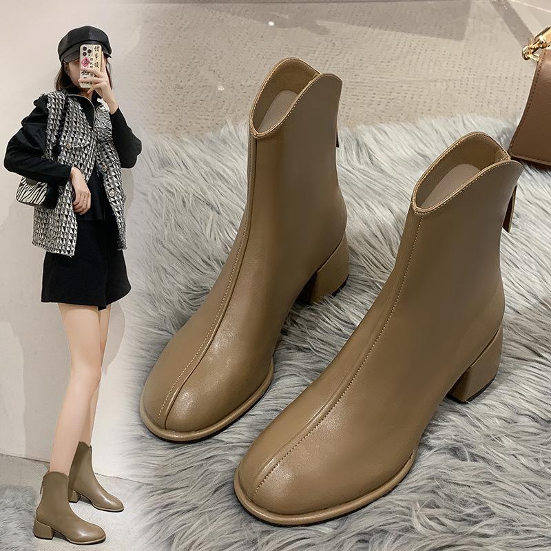 Autumn New Ankle Boots Women's Rear Zipper Leather Boots Casual Large Size Medium Heel Ankle Boots Women's Leather Boots P436