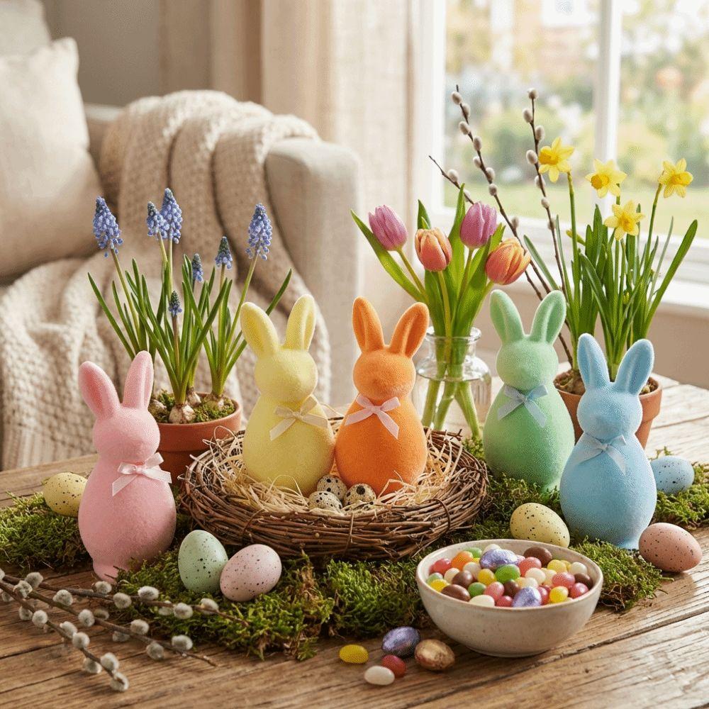 Пенные flocked кролики на Пасху с бантом, скульптуры кроликов, однотонные 3D статуэтки стоящих пасхальных кроликов, сувениры для вечеринки