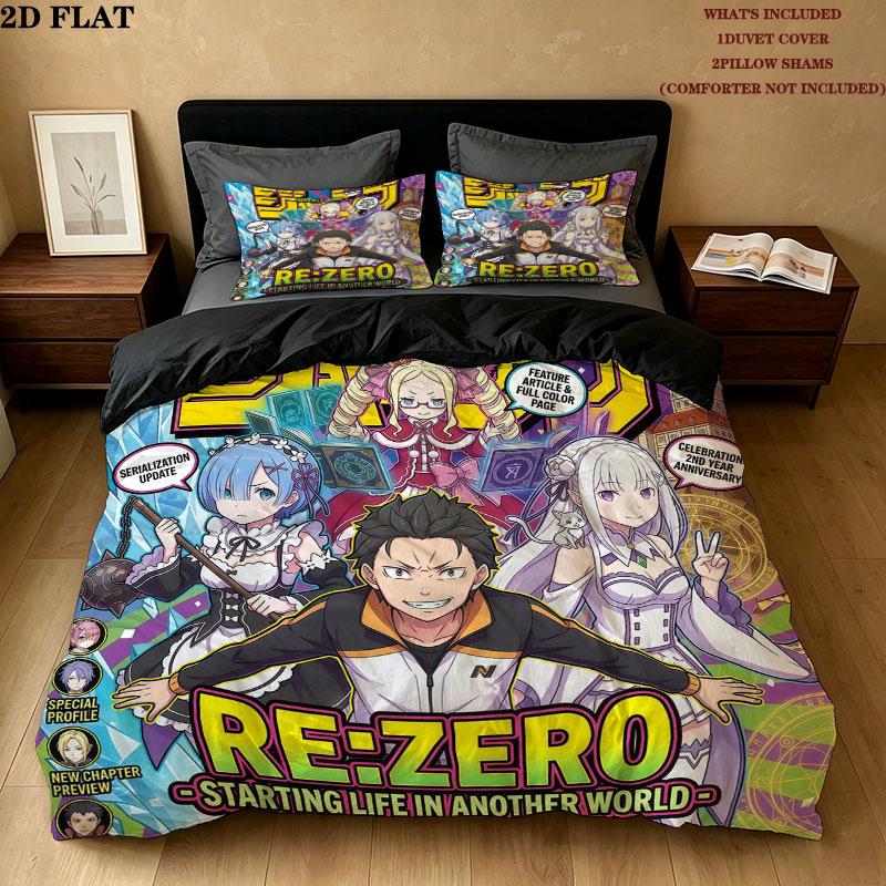 Re Zero Pattern Bedding Quilt Set Quilt Cover Pillowcase Home Birthday Gift(1 * duvet cover + 2 * pillowcase, without core)