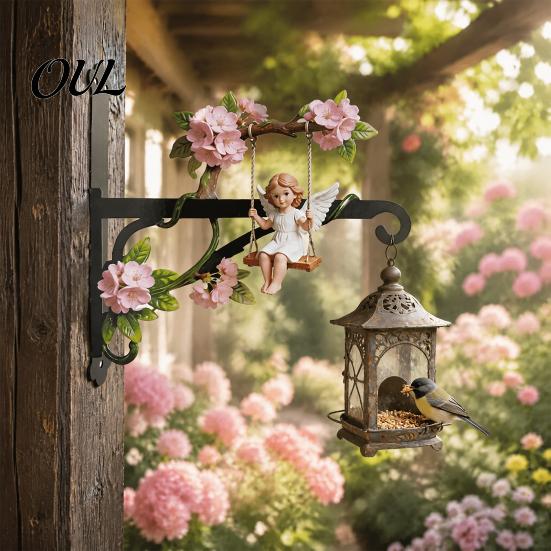 Iron Wall Planter Bracket Swing Angel Plant Hanger, Cute Girl Mount Bracket, Decorative Metal Art Hook for Hanging Flower Basket, Bird Feeder, Lantern