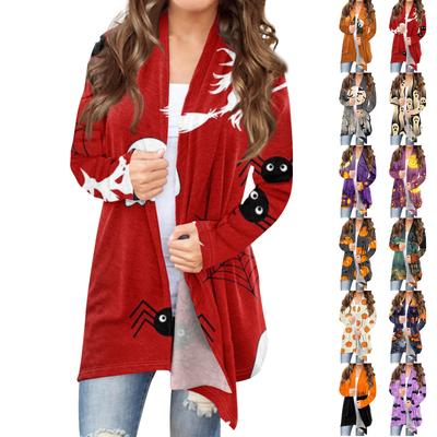 Женская мода повседневная куртка-кардиган средней длины с принтом на Хэллоуин