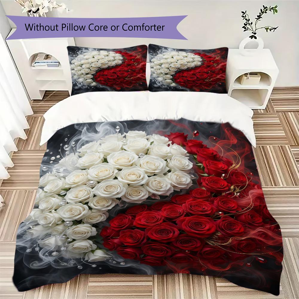 Classic White Rose Pattern Bedding uilt Set uilt Cover Pillowcase Home Decoration Birthday Gift (1 * duvet cover + 2 * pillowcase without core)