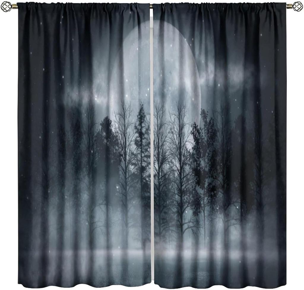 Gothic Dark Misty Forest Curtains, Mysterious Horror Foggy Dim Dead Jungle Under Strange Bright Moon,Thermal Insulation Blackout