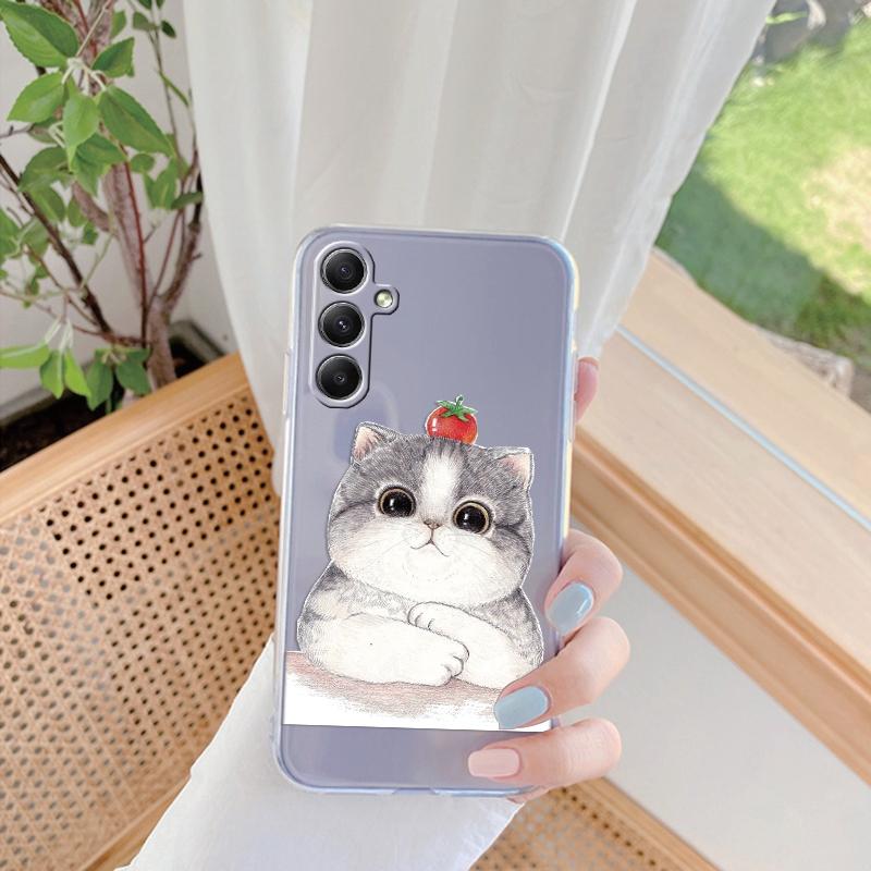 Cute Cat Patterned Soft Silicone Clear Case For Xiaomi Redmi 13C Note 13 Pro Samsung A55 A54 A34 S24 M35 iPhone 15 Camera Protective Shockproof Cover