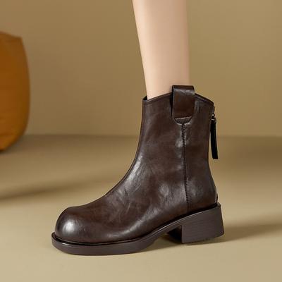 Кожаные ботинки Мартин из коровьей кожи женские новые осенне-зимние в британском стиле повседневные универсальные на толстом каблуке средней высоты с задней молнией короткие ботинки