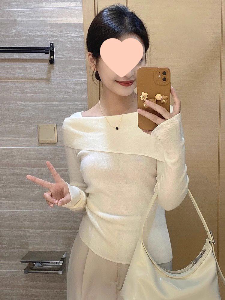 French Style Off-Shoulder Knitted Long-Sleeve Top for Women - Spring/Autumn 2025 Slim-Fit Sweater