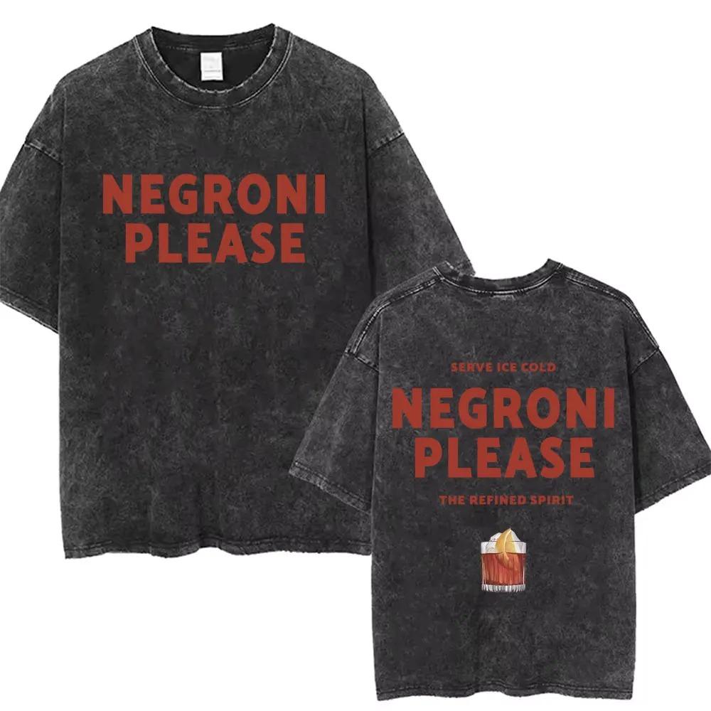 Oversized Acid-Wash Vintage Short-Sleeve T-Shirt Featuring Negroni Cocktail Illustration & Repeating Slogan Double-Sided Graphic Print