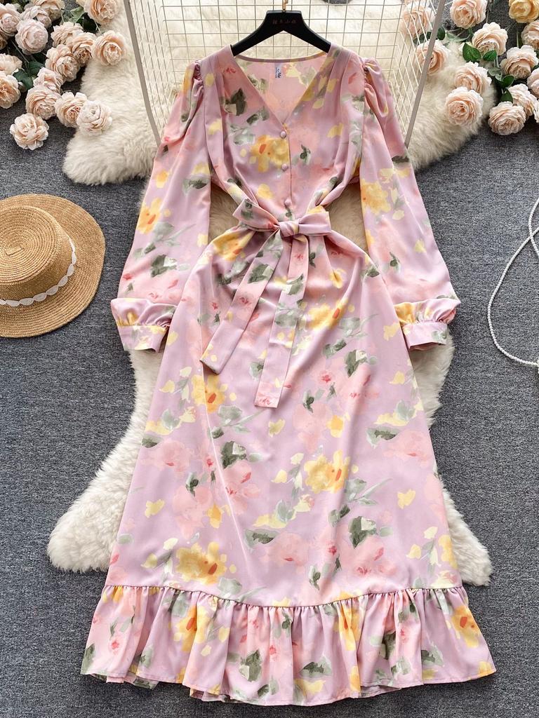 Модное женское платье с цветочным принтом, осеннее элегантное винтажное Бандажное длинное платье макси с рюшами по подолу, вечерние платья