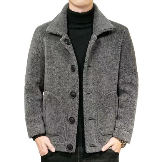 Men Jacket Lapel Long Sleeve Single Breasted Coat with Pockets Solid Color Reversible Design Polar Fleece Faux Leather Outwear