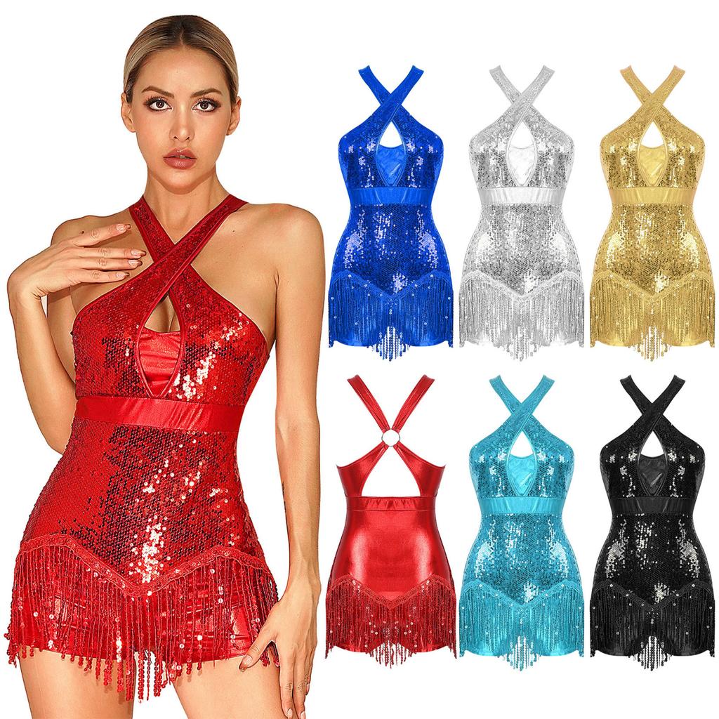 Женское сексуальное платье с вырезом, блестки и кисточки, лирический танцевальный купальник без рукавов с бахромой, боди для латиноамериканских современных джазовых танцев, костюм