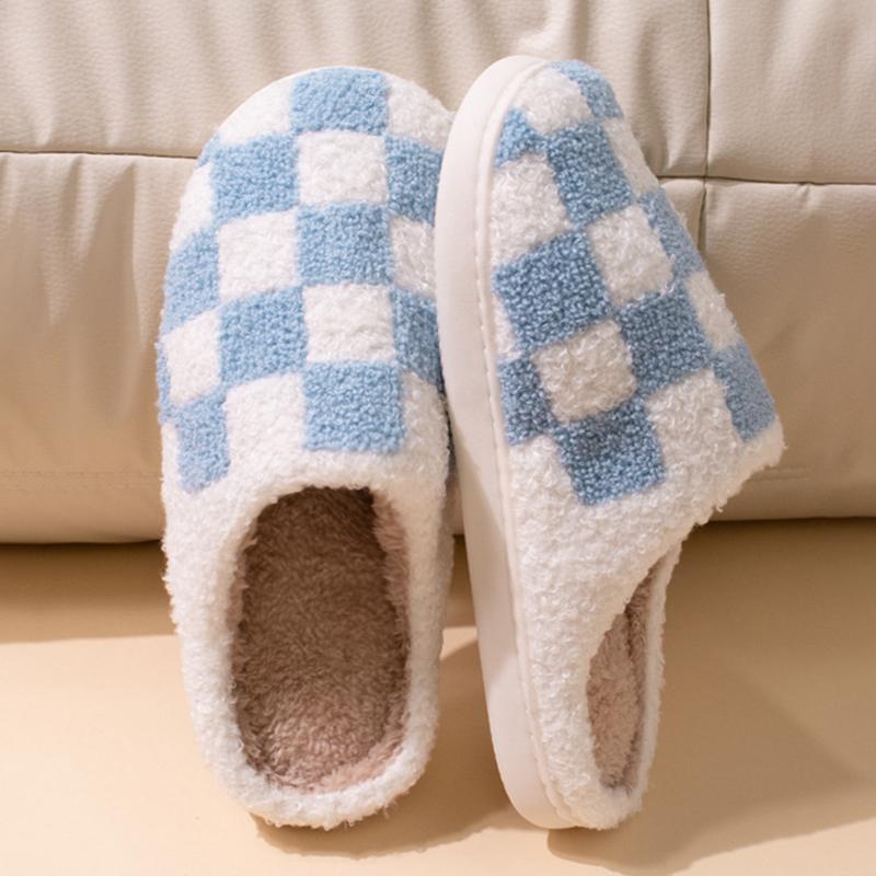 Мода Мода Смешанный цвет Клетчатые Хлопковые Тапочки Женские Комфортные Мягкая Подошва Плюшевые Домашние Шлепанцы Женские 2025 Комнатные Нескользящие Пушистые Тапочки