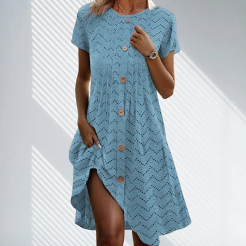 Европейское и американское летнее платье в горошек с коротким рукавом, круглым вырезом и пуговицами