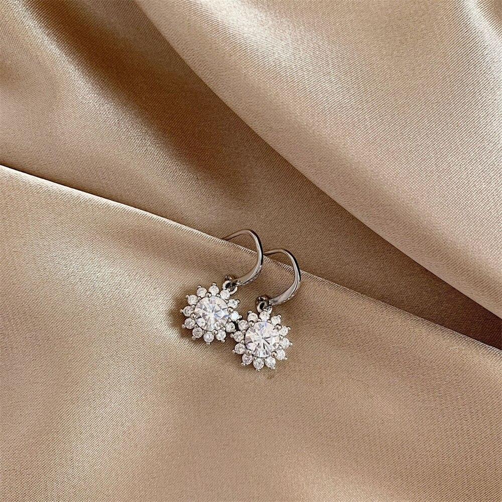 New Women Earring Pendant 925 Silver Sun Flower Ear Hook Studs Micro-inlaid Zircon A Pair Piercing Hoops Earring Jewelry Gift