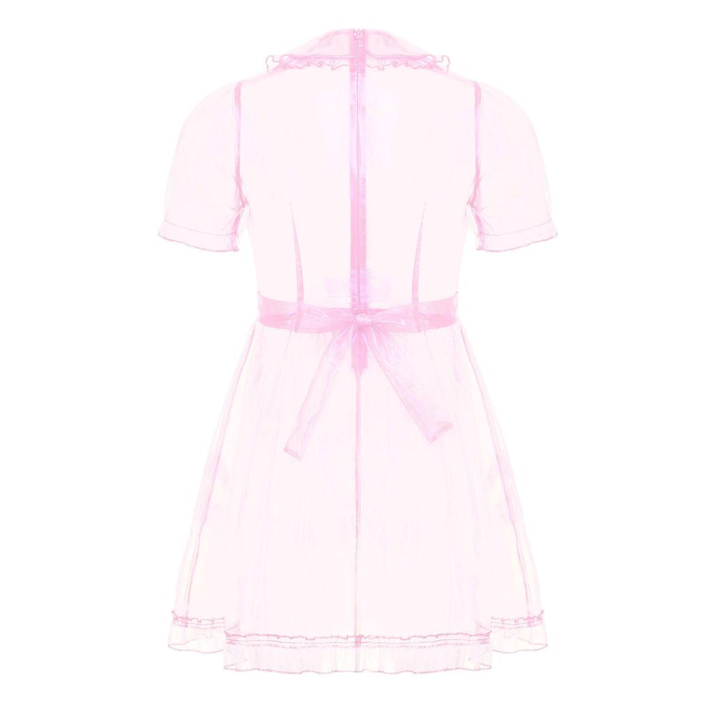 Мужское прозрачное сетчатое платье горничной, милый воротник, рукава-буфы, расклешенное А-силуэта, костюм для кроссдрессинга, клубная ночная одежда