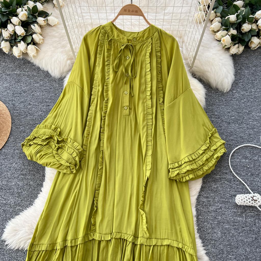 Винтажное однобортное платье с круглым вырезом на шнуровке, модное, с длинными рукавами, элегантное, свободное, с оборками, корейская женская одежда High Street