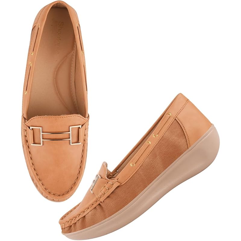 Shoetopai Women'S Tan Comfort Loafers  Soft Slip-On Driving Shoes With Gold Bit Detail & Cushioned Sole For Daily Eu42