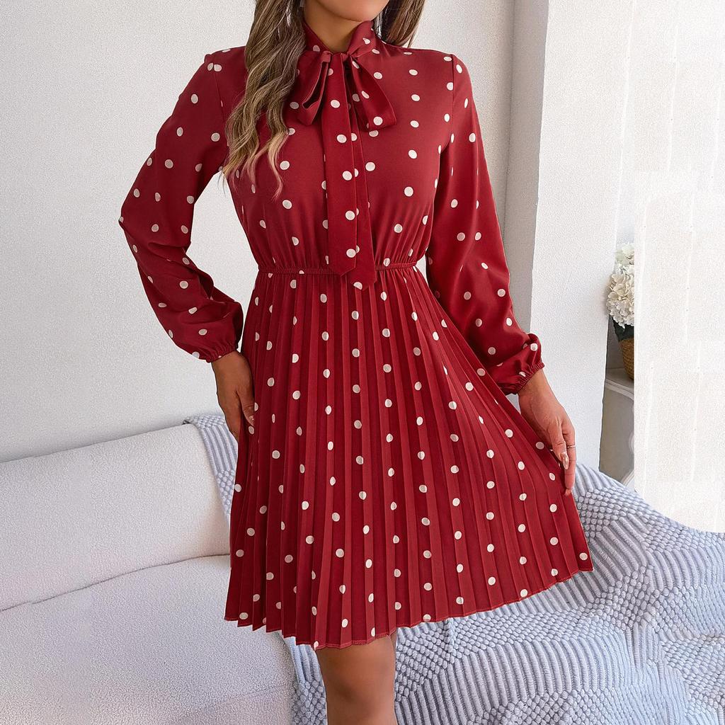Женское осенне-зимнее темпераментное плиссированное платье в горошек с высокой талией и длинными рукавами