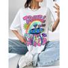 Cartoon Alien Print Women's T-shirt Casual Fashion Versatile Short Sleeved Top Loose and Comfortable Round Neck Street Clothing