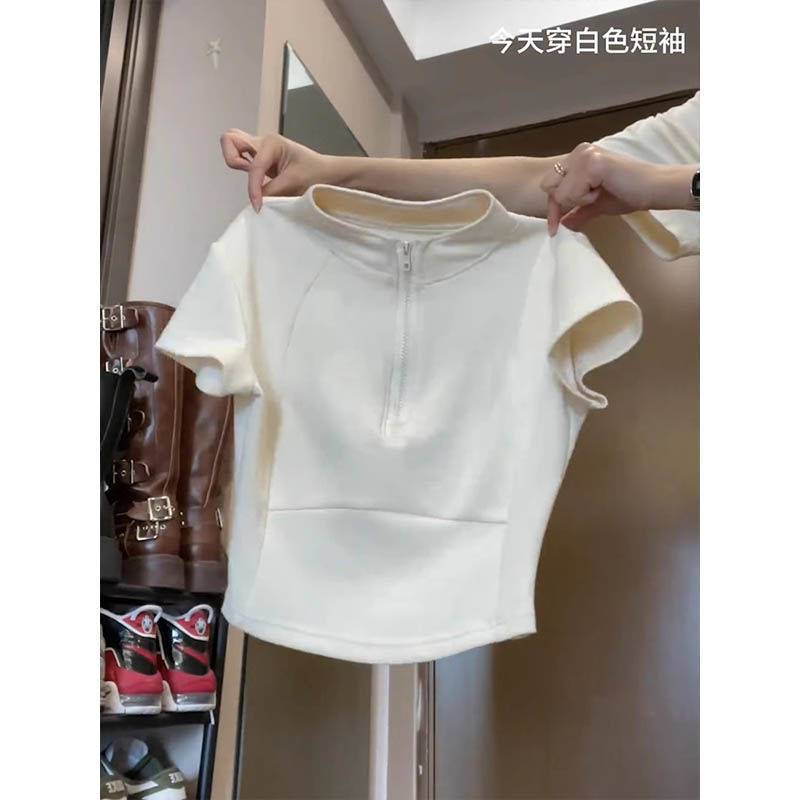 Женская футболка с коротким рукавом на молнии, черная однотонная, летняя, приталенного дизайна, до талии