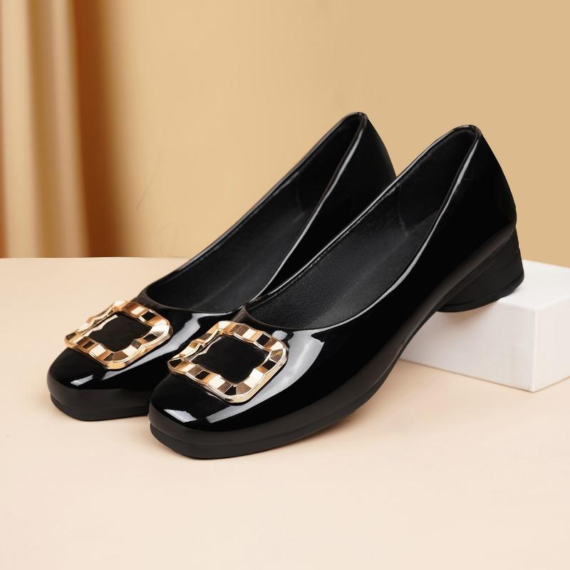 Patent Leather Comfortable Square Head Thick Heel Low Heel Thin Metal Square Buckle Single Shoes Autumn New Commuter Shoes