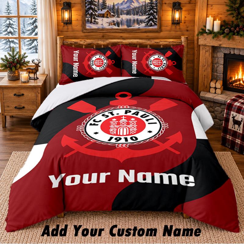 FC St. Pauli Pattern Bedding 3Pcs Set Custom Name, Bed Sheet And Pillowcases For Home Bedroom