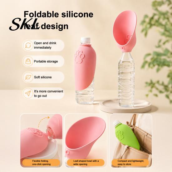 Travel Pet Water Bottle Adapter Dog Adapter, Silicone Foldable Drinking Cup, Portable Feeder, Leak-Proof Dispenser for Standard Bottles Bowl
