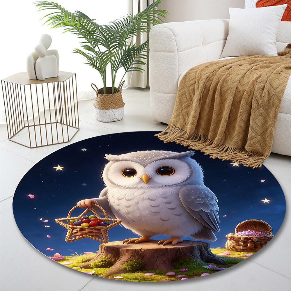 Owl with Star Basket Under Night Sky Print round rug, living room, bedroom, playroom carpet, non slip floor mat, gift