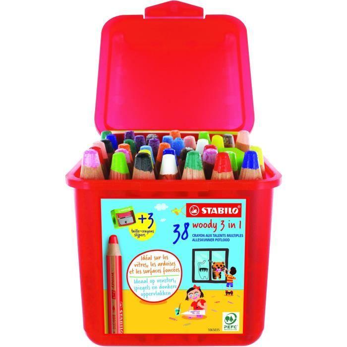 Schoolbox x 38 crayons multi-talents stabilo woody 3in1 + 3 taille-crayons