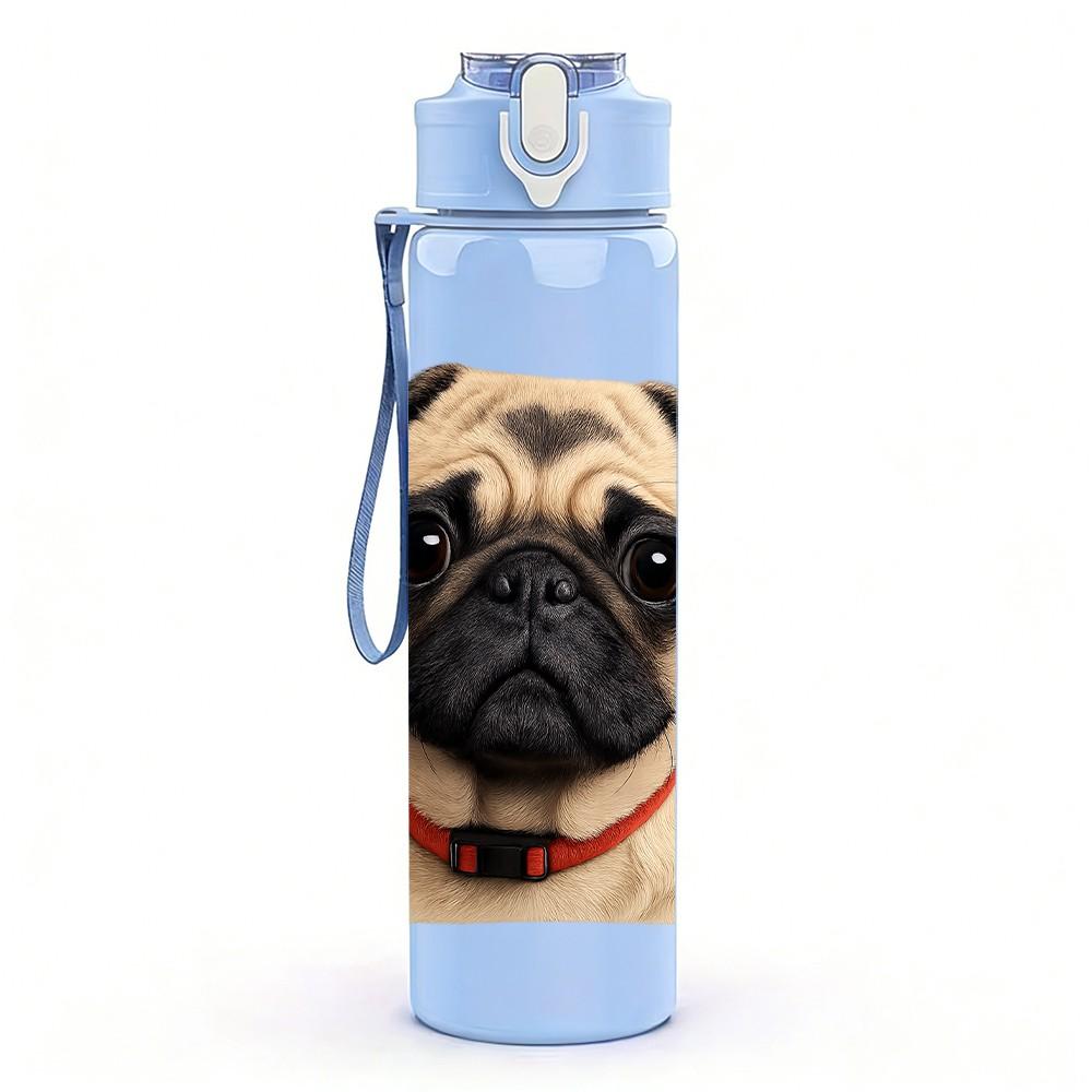 1PC Pug Dog Wrinkled Face Close Up 750ml Color Plastic Sports Water Bottle Leakproof Flip Straw Lid Suitable for Sports Office Home Use