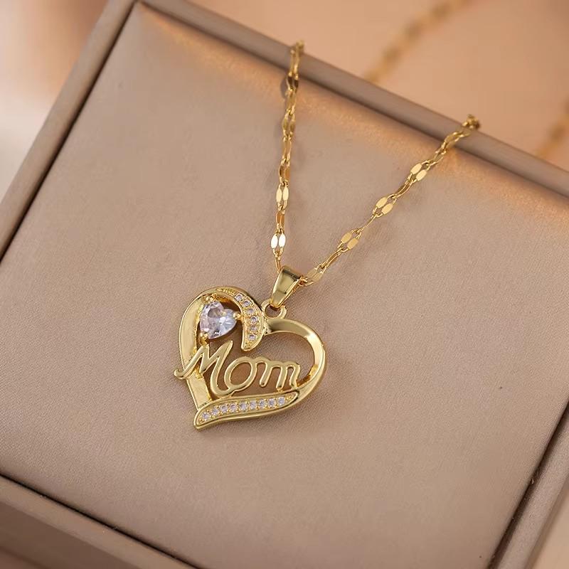 Micro Paved Zircon Heart MOM Letter Pendant Necklace For Women Mom Choker Stainless Steel Chain Jewelry Mini Mother's Day Gift