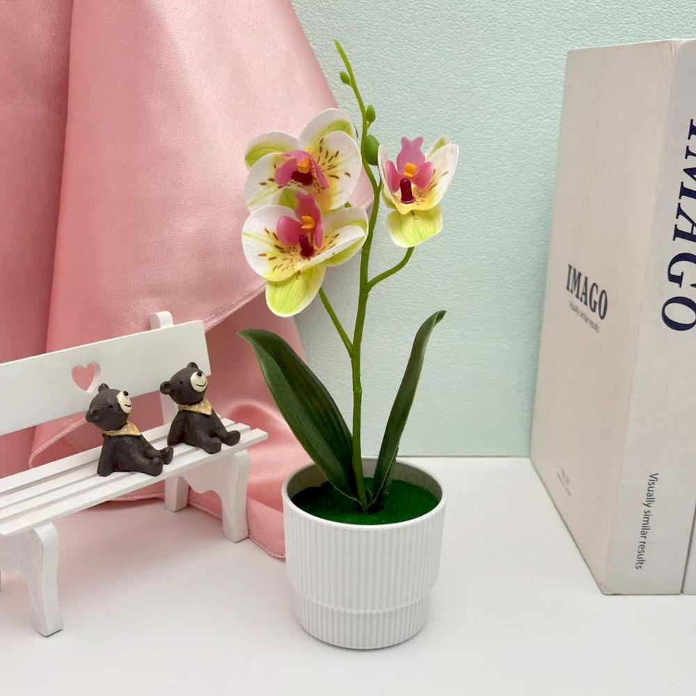 Faux Flowers Three Butterfly Orchid Green Plant For Home Decoration Office