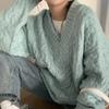 Autumn and Winter Thick V-Neck Twists Pullover Sweaters Women Fashion Solid Loose Outerwear Warm Knitted Sweater Woman Sweet Casual Warm Jumper 24756