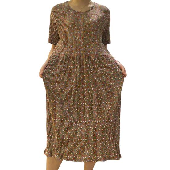 Summer Women Dress Small Flower Print Crew Neck Loose Short Sleeves Pleated Mid-calf Length Pullover Shopping Midi Dress