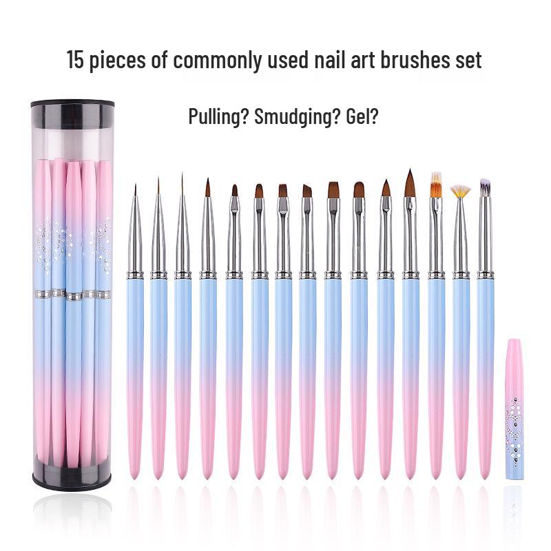 15-Piece Nail Art Pen Set: Line, Ombre, Carving, Painting, and Gel Brushes.