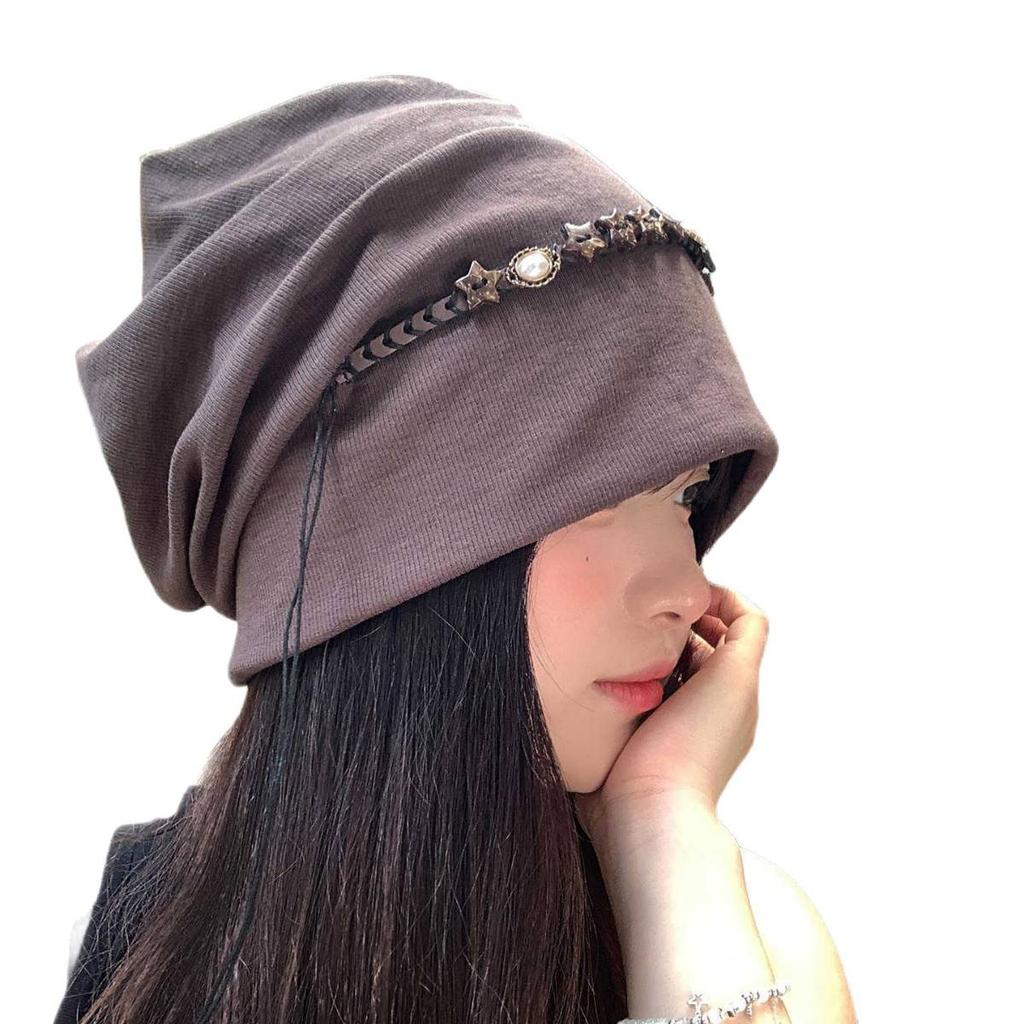 Autumn and winter vintage five-pointed star tassel beanie for women, large head circumference, face-slimming slouchy hat, Japanese style versatile