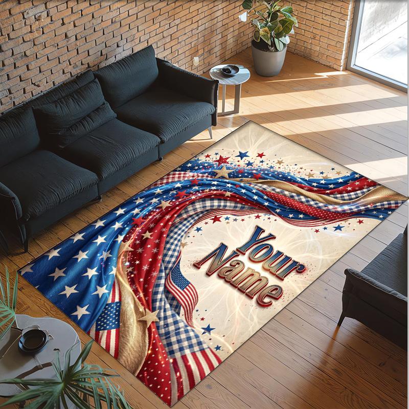 American Patriotic Theme Crystal Velvet Rug Personalized Custom Name Text Soft Floor Mat Home Decor