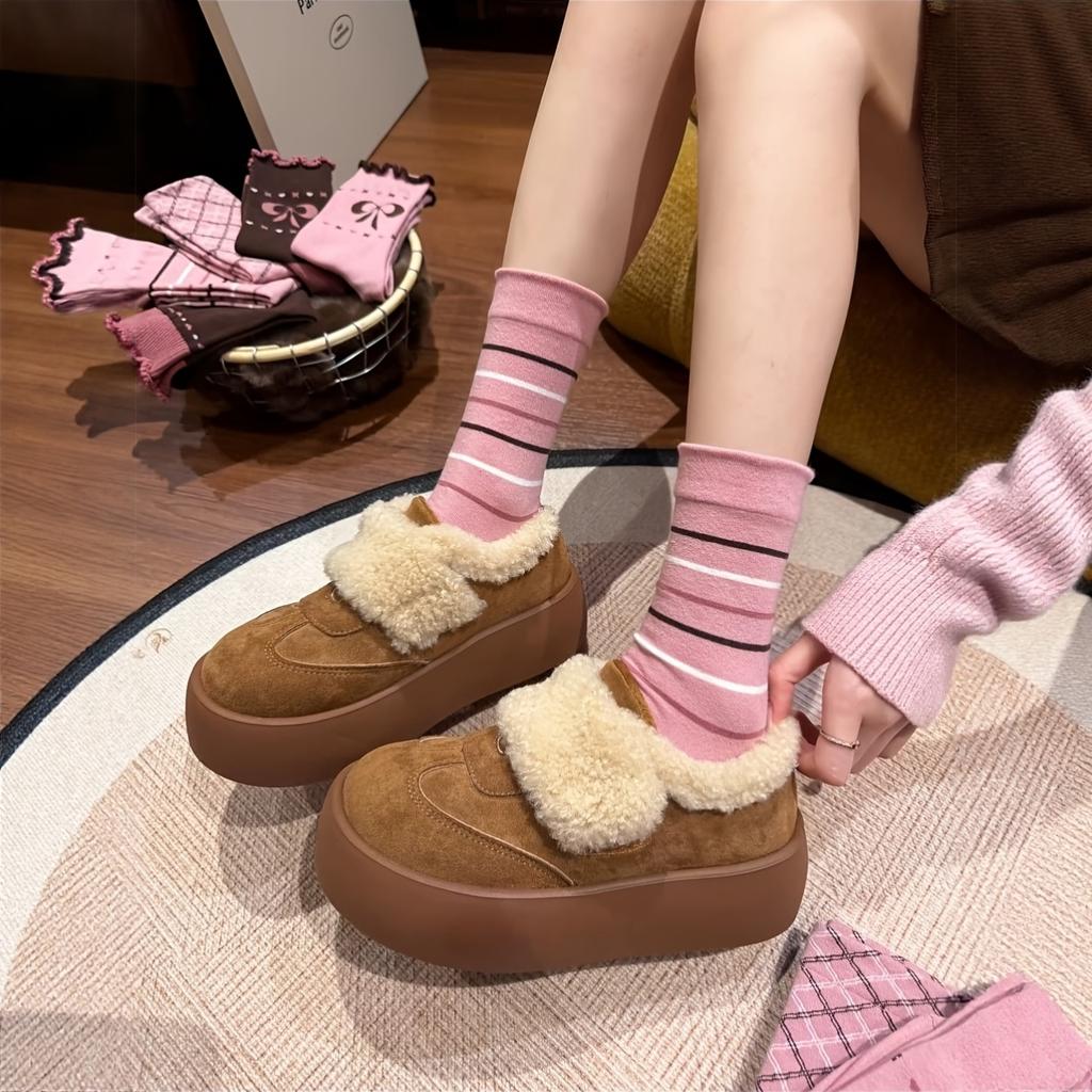 5 Pairs Random Autumn Winter New Printed Fashion Pink Coffee Striped Mid-Calf Socks Women'S Breathable Soft Preppy Style Bow Tie Stacked Socks
