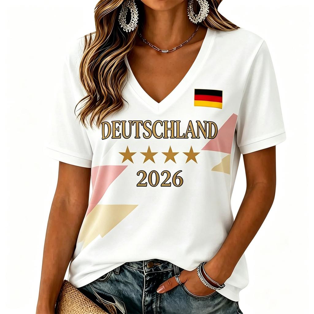 Women V Neck T Shirt Short Sleeve Casual Tee Top Germany Inspired Graphic Print Lightweight Summer Blouse