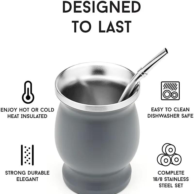 230ML Mate Cup 304 Stainless Steel Double Wall 8oz Portable Tea Mug Mate Tea Gourd with 2 In 1 Straw Spoon Give Cleaning Brush