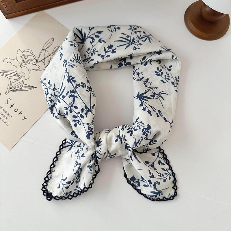 70% Cotton Linen Small Square Silk Scarf - Korean Style Floral Design for Versatile Neckwear and Decorative Use