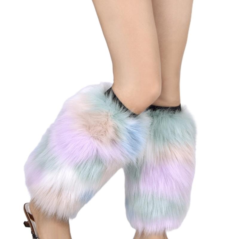 Womens Rainbow Colorful Furry Leg Warmers Autumn Winter Vintage Faux Fur Plush Boot Covers Cuffs Hipster Warm Socks