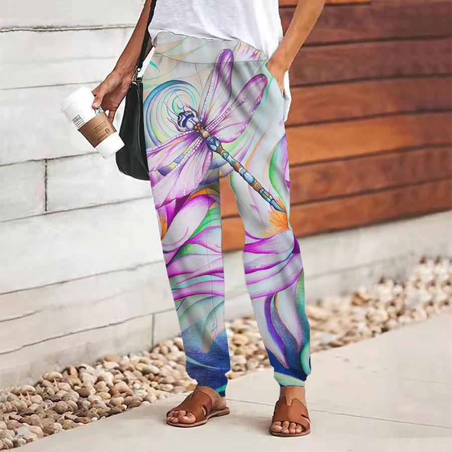 Женские брюки с принтом стрекозы, на шнуровке, с эластичной талией, свободные, повседневные длинные брюки, брюки с карманами