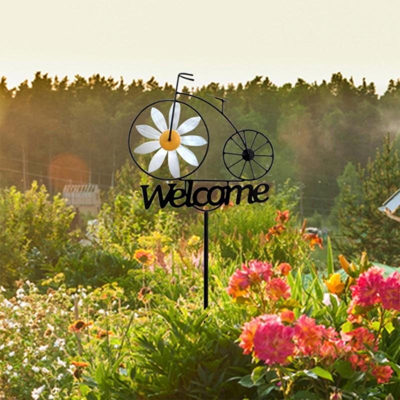 Garden Stake Welcome Windmills Bicycles Flower Wind Spinner Outdoor Spinning Wheels Yard Insert Decorative Iron Stakes