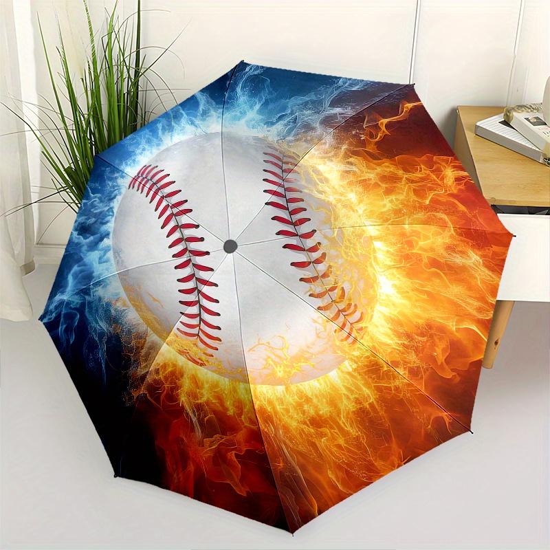 Baseball, Fire_and_Ice Automatic folding umbrella simple eight rib design, bright color pattern, durable iron frame, ideal for travel and o