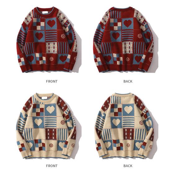 Unisex Winter Sweater Plaid Printing Retro Style Round Neck Long Sleeves Multi Patterns Couple Knitted Sweater for Home School Commuting