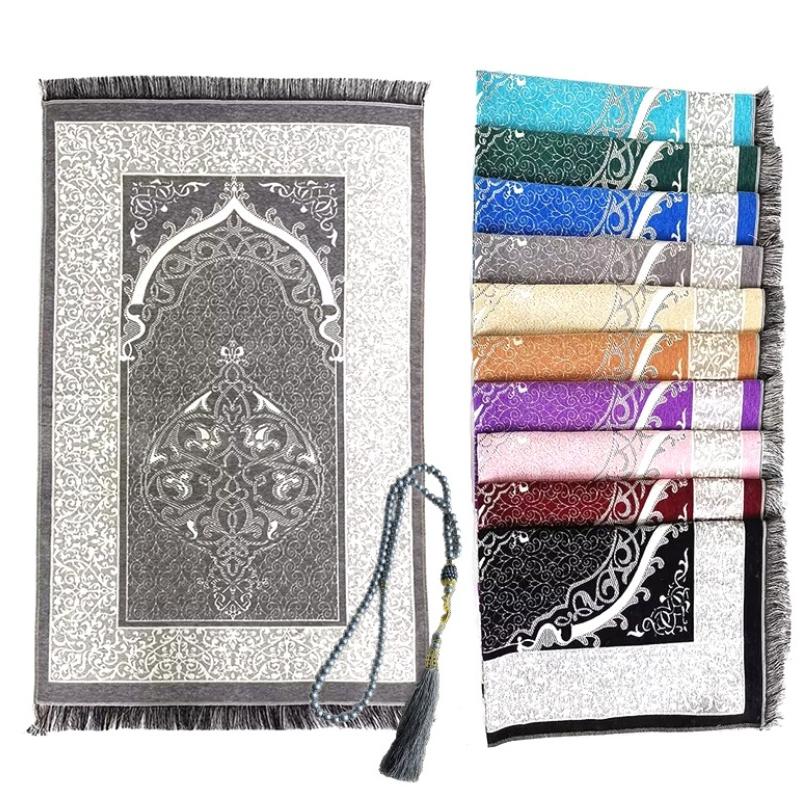 Модный полиэстеровый молитвенный коврик, переносные плетеные коврики, простой мусульманский принт с компасом в чехле, дорожный коврик